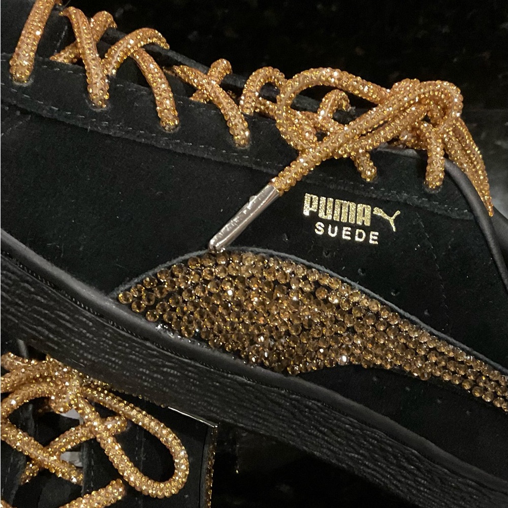 PUMA SUEDE CLASSIC Sneakers Womans 8 W/GOLD Swavorski Stones & Laces! BLK/BLK - Picture 9 of 12